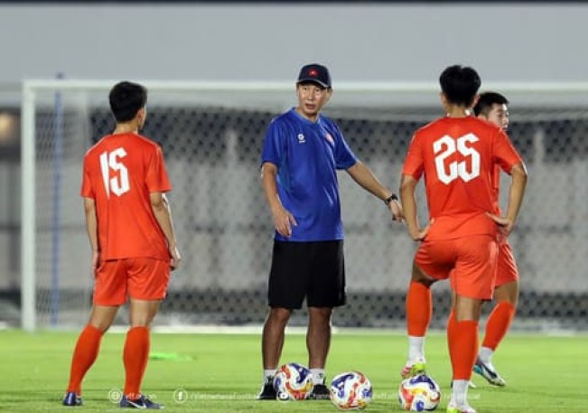 Skuad Timnas Vietnam U-23 melakukan persiapan jelang lawan Timnas Indonesia U-23. [Soha]